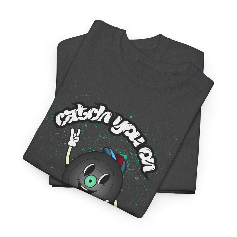 'Catch You On The Flip Side' Men's Vinyl T-Shirt, size reference