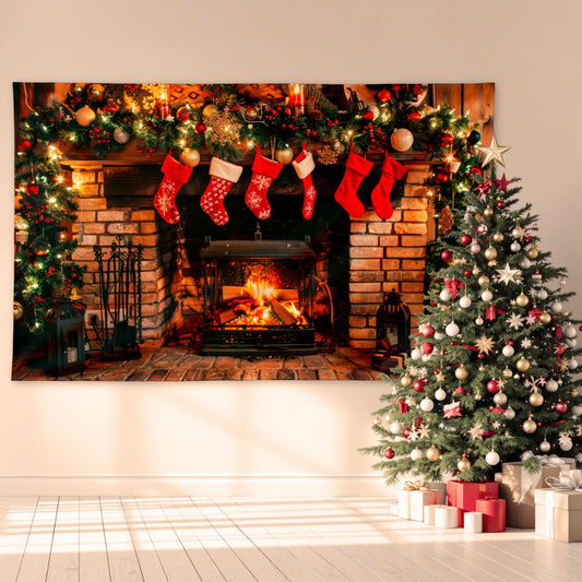 Cozy Fireplace - 8ft x5ft Christmas Festive Backdrop Banner collectible from https://britishmade.gifts/