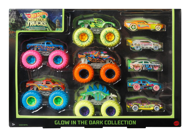 Hot Wheels Monster Trucks Glow In The Dark Bundle, in display