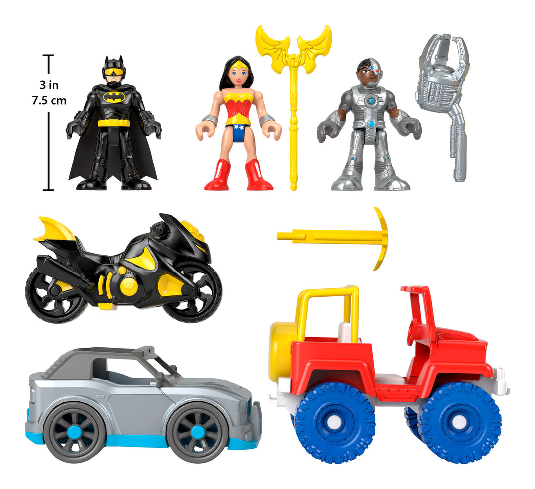Imaginext DC Super Friends Heroes Batman, Wonder Woman and Cyborg 3" Assorted Figures Playset with Vehicles and Accessories