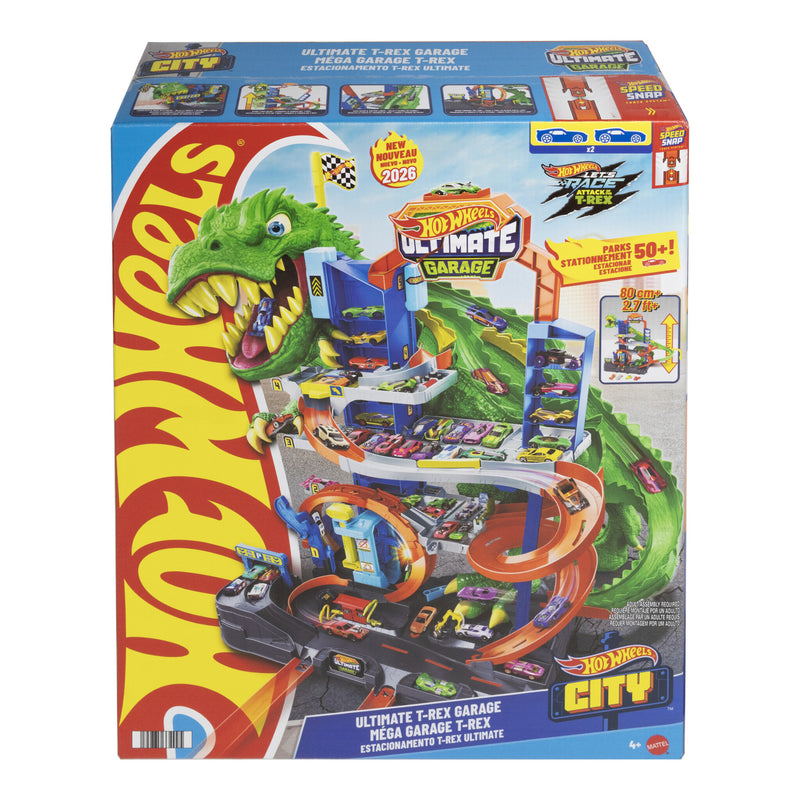 Hot Wheels City Ultimate T-Rex Garage Playset with 2 die-cast cars