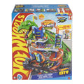 Hot Wheels City Ultimate T-Rex Garage Playset with 2 die-cast cars back view