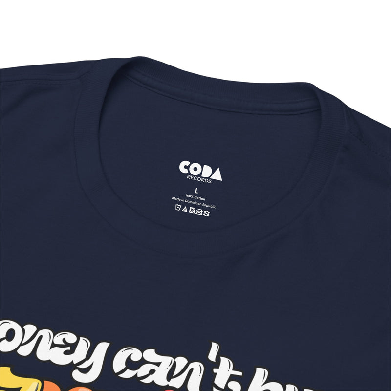 'Money can't buy happiness' Men's Vinyl T-Shirt, showing reverse