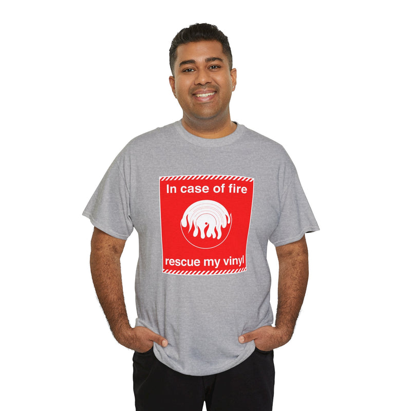 'In Case of Fire, Save My Vinyl' T-Shirt, close-up detail