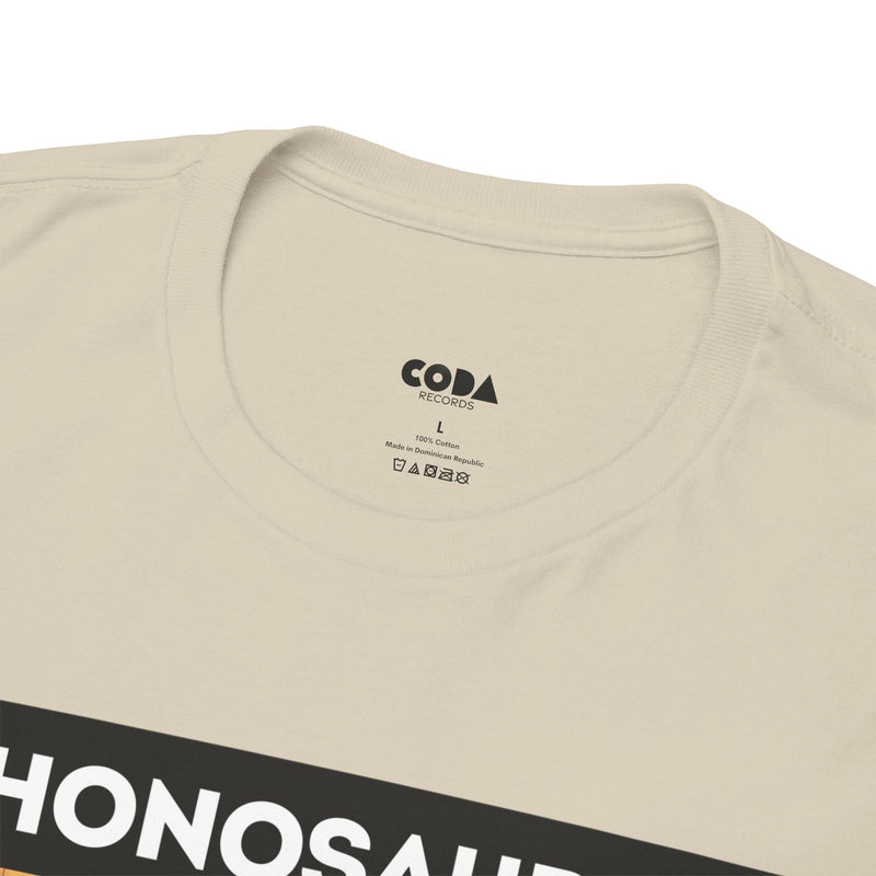 'Phonosaurus' Men's Vinyl T-Shirt, close-up detail