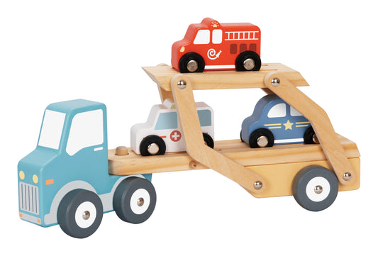 Wooden Car Carrier Truck with fire engine, ambulance and police car