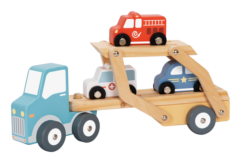 Wooden Car Carrier Truck with fire engine, ambulance and police car