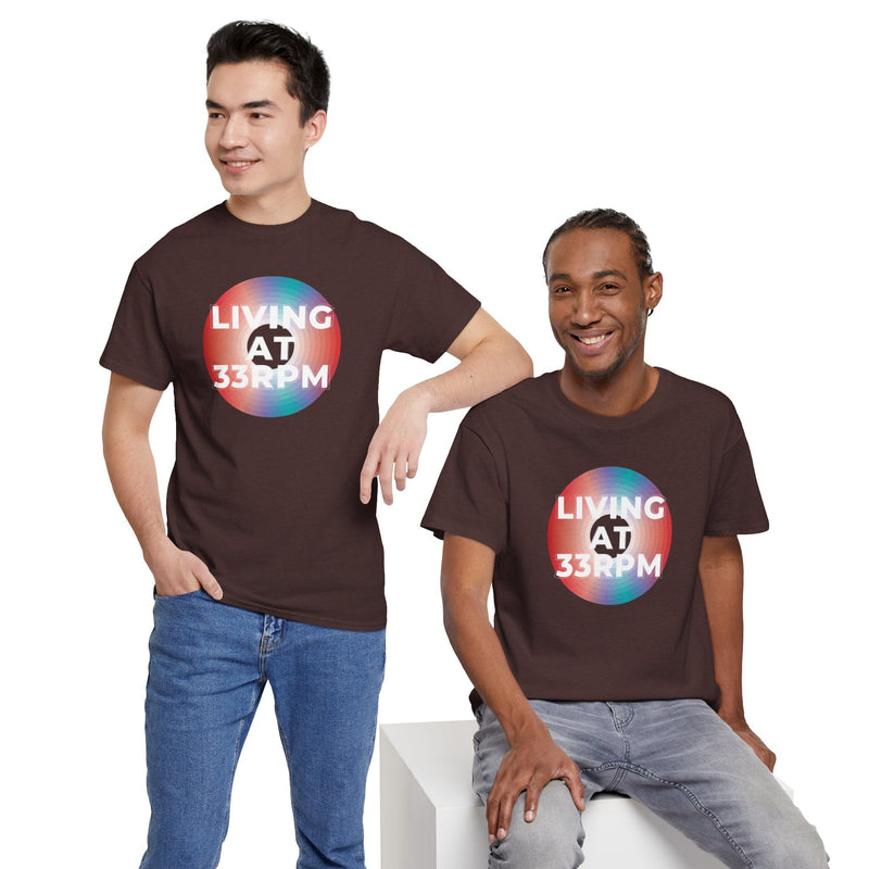'Living at 33rpm' Men's Vinyl T-Shirt, rear view