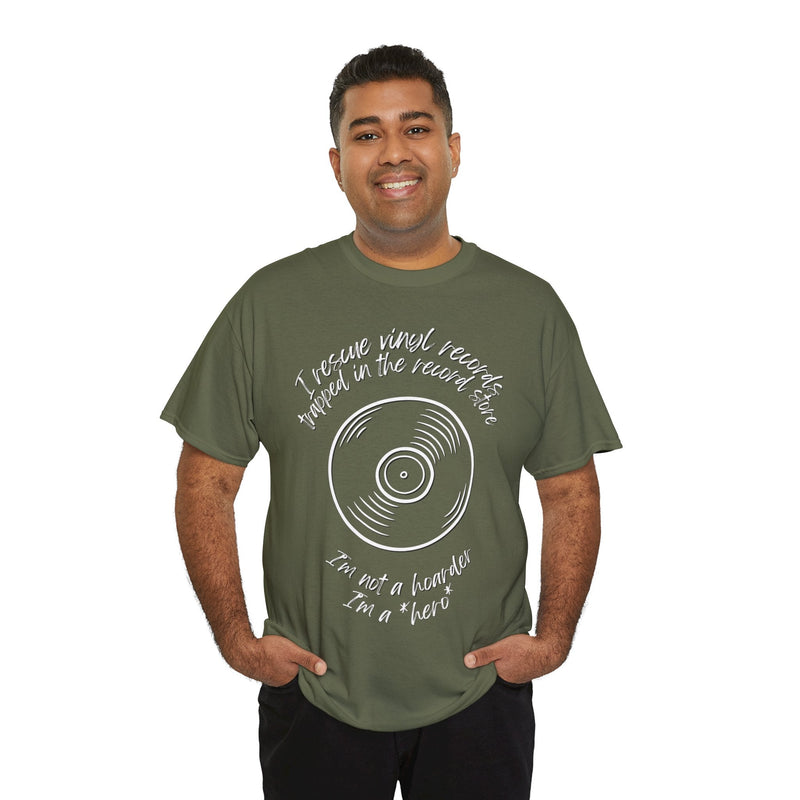 'I'm Not a Hoarder, I'm a Hero' Men's Vinyl T-Shirt, rear view