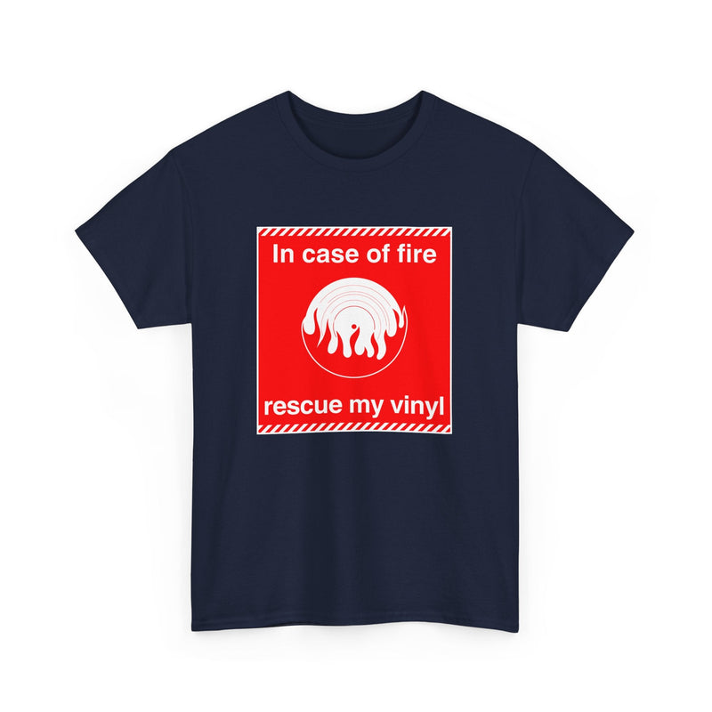 'In Case of Fire, Save My Vinyl' T-Shirt, side angle