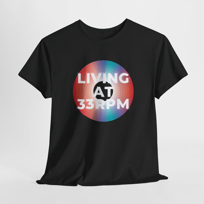'Living at 33rpm' Men's Vinyl T-Shirt, side angle