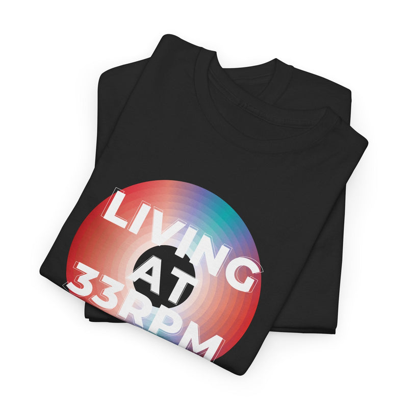 'Living at 33rpm' Men's Vinyl T-Shirt, close-up detail