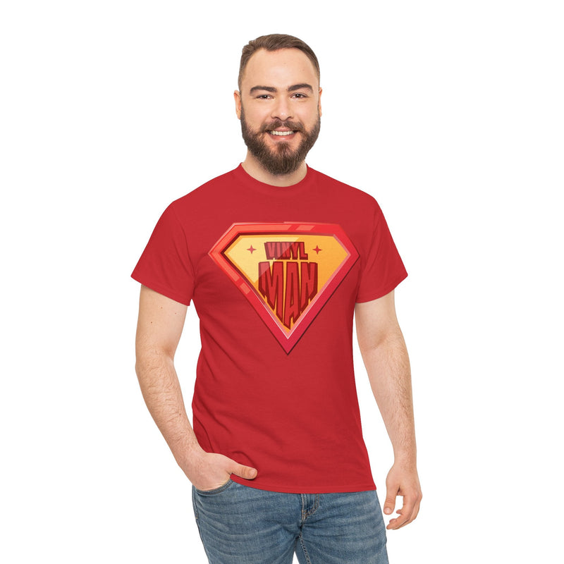 'Vinyl Man' Men's Superhero T-Shirt, close-up detail