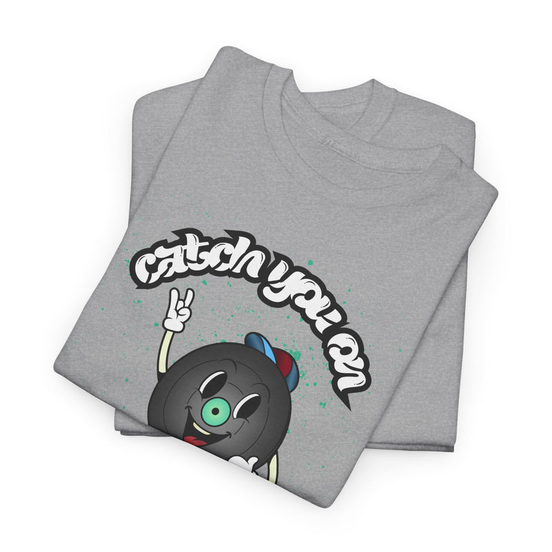 'Catch You On The Flip Side' Men's Vinyl T-Shirt, close-up detail