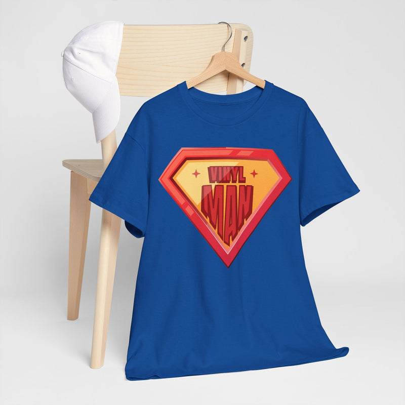 'Vinyl Man' Men's Superhero T-Shirt, close-up detail