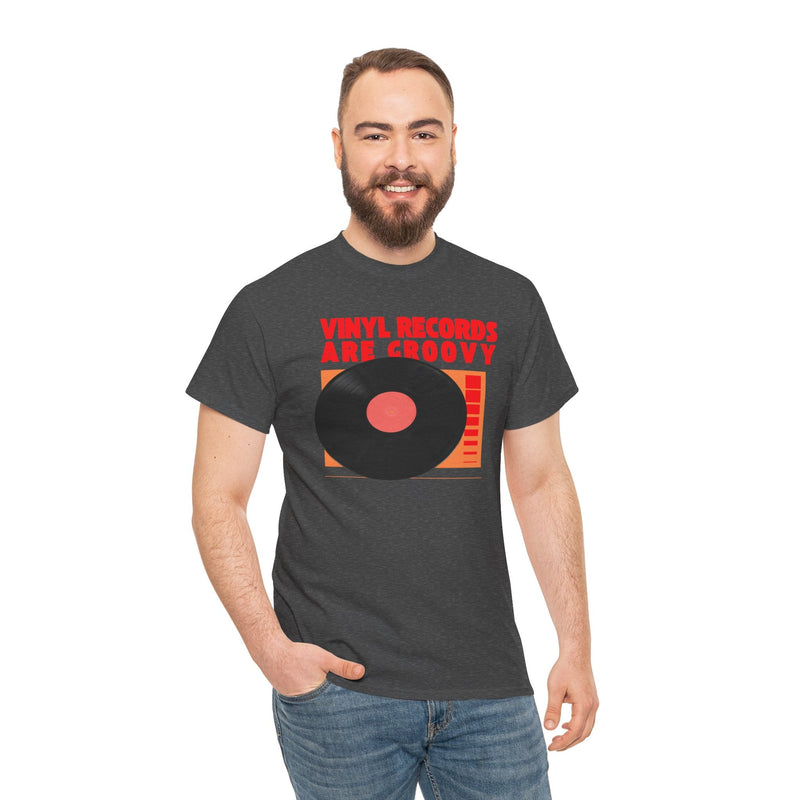 'Vinyl Records Are Groovy' Bold T-Shirt, close-up detail