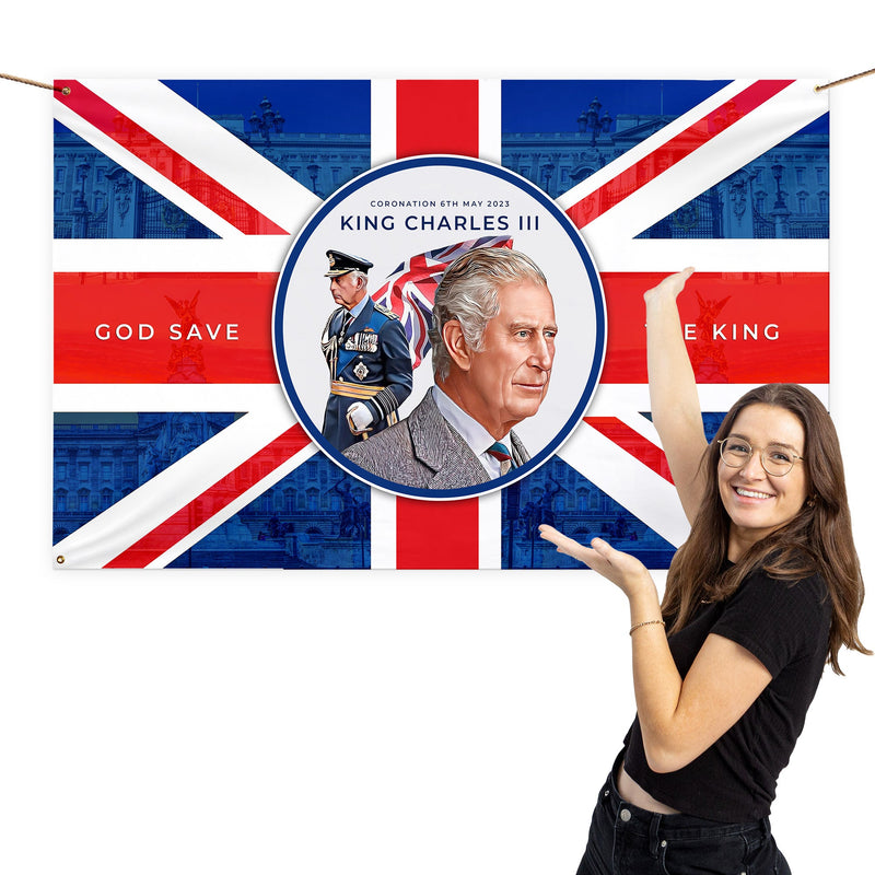 King Charles Coronation - Buckingham Palace Backdrop - 5ft x 3ft Fabric Banner collectible from https://britishmade.gifts/