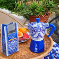 Bialetti X Dolce&Gabbana Blue Mediterranean Gift Set (3 cup Moka and Stirrer set), packaging shot