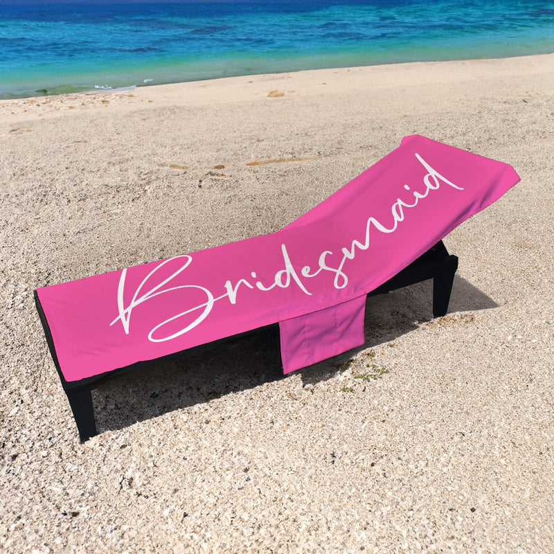 Bridesmaid - Pink - Full Length Sun Lounger Towel with Pockets collectible from https://britishmade.gifts/