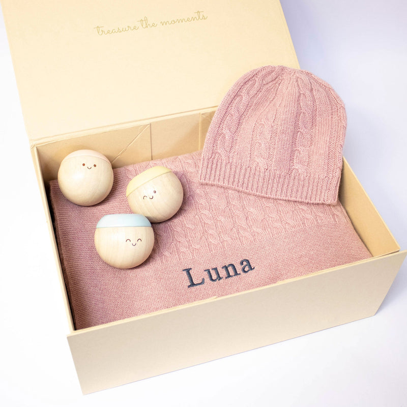 CABLE KNIT CASHMERE AND SENSORY BALLS - ROSEWOOD collectible from The Baby Gifting Company