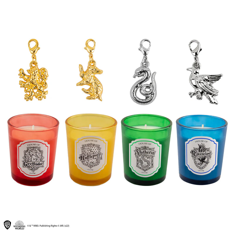 Harry Potter Hogwarts Houses Scented Candle and Charm Bracelet Set, in display