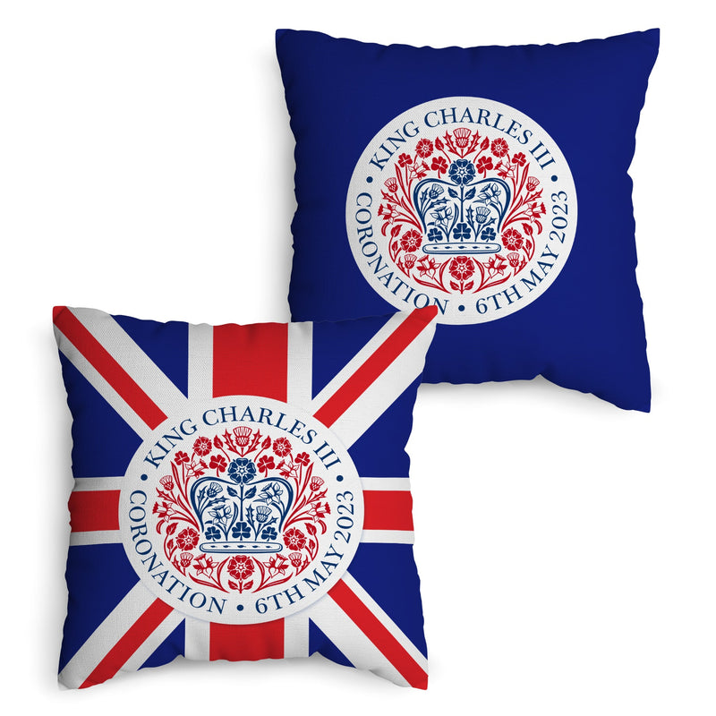 King Charles Coronation - Union Jack - Official Royal Badge - 45cm Square Cushion collectible from https://britishmade.gifts/