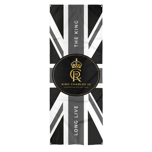 King Charles Coronation - B&W Union Jack Flag - Door Banner collectible from https://britishmade.gifts/