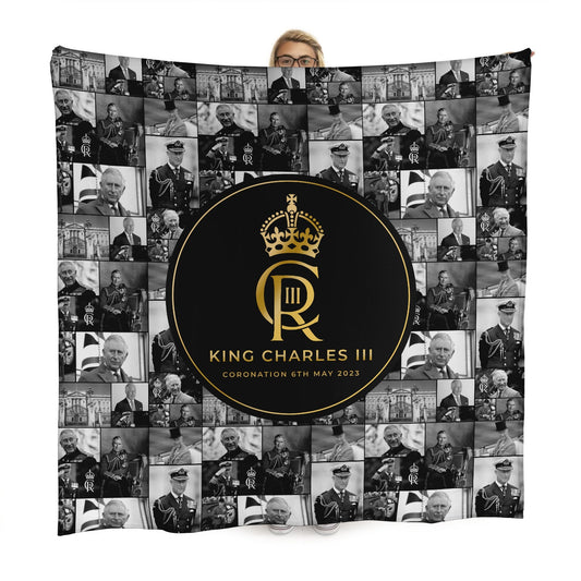 King Charles Coronation - B&W Collage - 150 x 150cm Fleece Blanket collectible from https://britishmade.gifts/