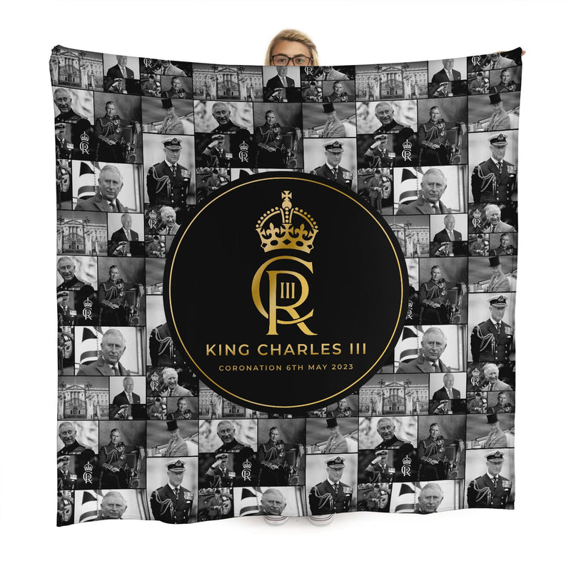 King Charles Coronation - B&W Collage - 150 x 150cm Fleece Blanket collectible from https://britishmade.gifts/