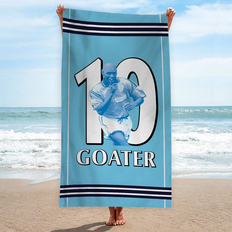 Manchester Blue Goater 10 - Football Legends - Beach Towel - 150cm x 75cm collectible from https://britishmade.gifts/