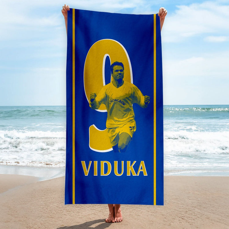 Leeds Viduka 9 - Football Legends - Beach Towel - 150cm x 75cm collectible from https://britishmade.gifts/