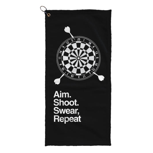 Aim. Shoot. Swear, Repeat - Funny Darts Golf Towel collectible from https://britishmade.gifts/