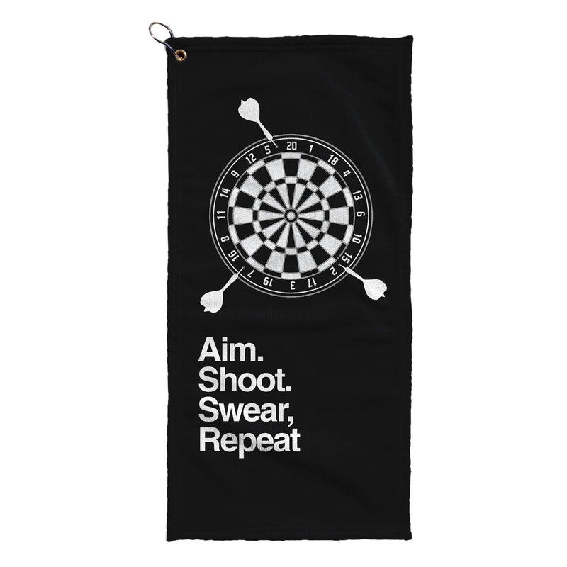 Aim. Shoot. Swear, Repeat - Funny Darts Golf Towel collectible from https://britishmade.gifts/