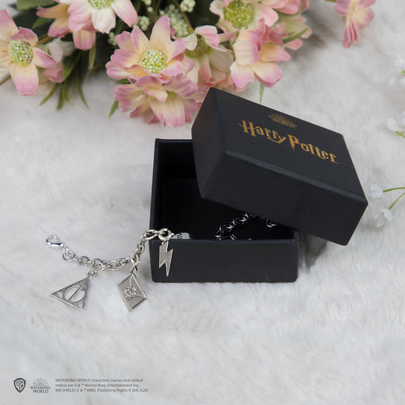 Harry Potter 5 Charm Bracelet with Hogwarts and Deathly Hallows, side angle