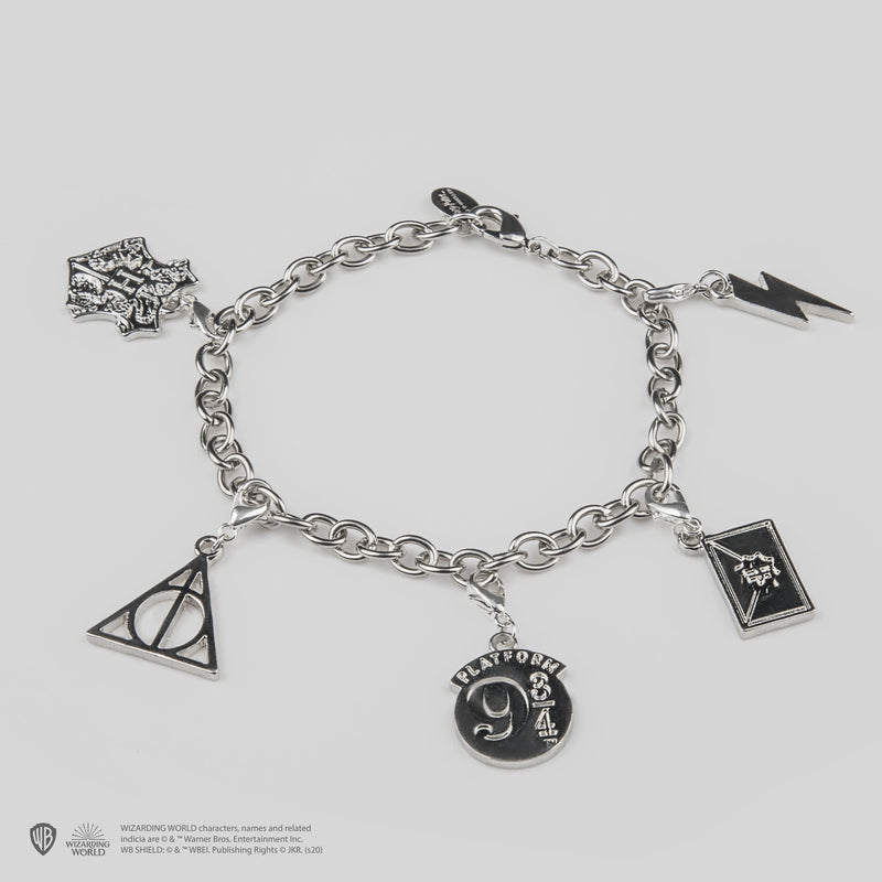 Harry Potter 5 Charm Bracelet with Hogwarts and Deathly Hallows, size reference