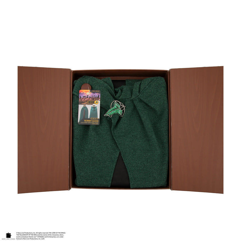 Lord of the Rings Hobbit Cloak with Lorien Leaf Brooch, in display