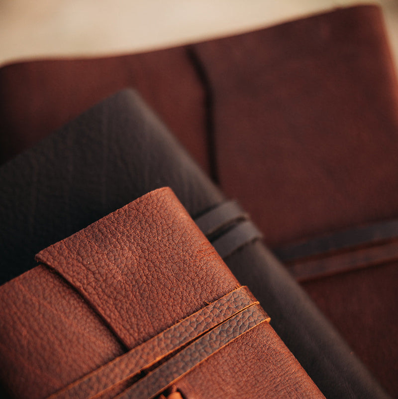 Reclaimed Saddlery Leather Journals, in display