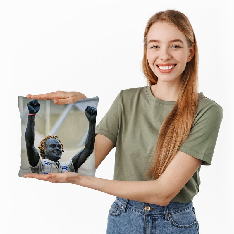 Lee Buccilli - Bremner statue - Cushion, Three Sizes, side angle