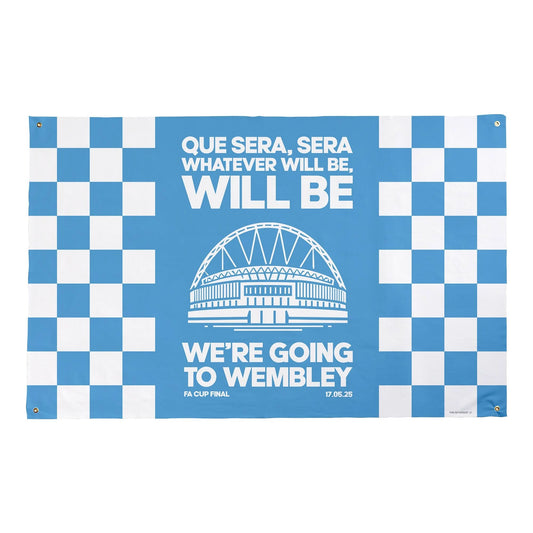 Manchester Blue - Que Sera, Sera - Banner - Chequered - Two Sizes collectible from https://britishmade.gifts/