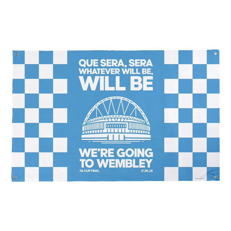Manchester Blue - Que Sera, Sera - Banner - Chequered - Two Sizes collectible from https://britishmade.gifts/