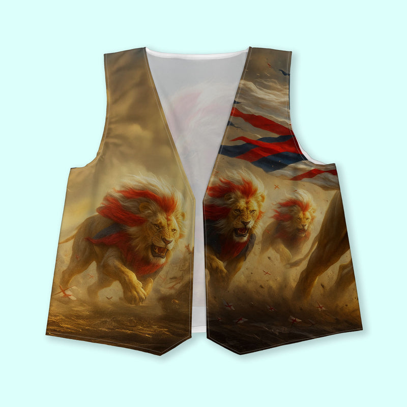 Lions with England flags - Novelty Costume Fancy Dress Waistcoat ( 4 sizes available ), close-up detail
