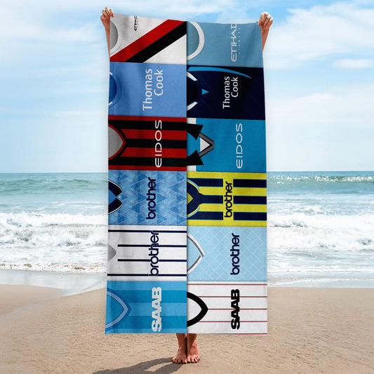 Manchester Blue - Kit Montage - Beach Towel - 150cm x 75cm collectible from https://britishmade.gifts/