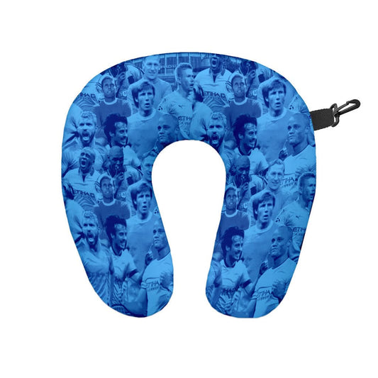 Manchester Blue Montage - Retro Football Travel Pillow collectible from https://britishmade.gifts/