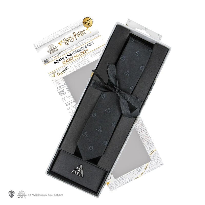 Harry Potter Deathly Hallows Deluxe Tie with Pin and Gift Box, in display