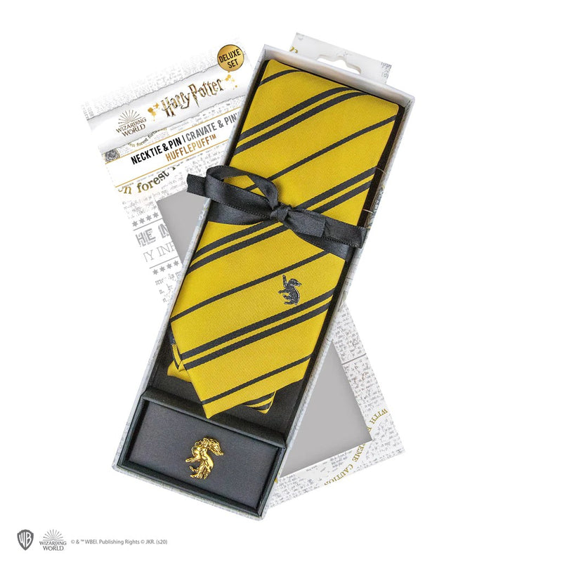 Harry Potter Hufflepuff Deluxe Tie with Pin and Gift Box, in display