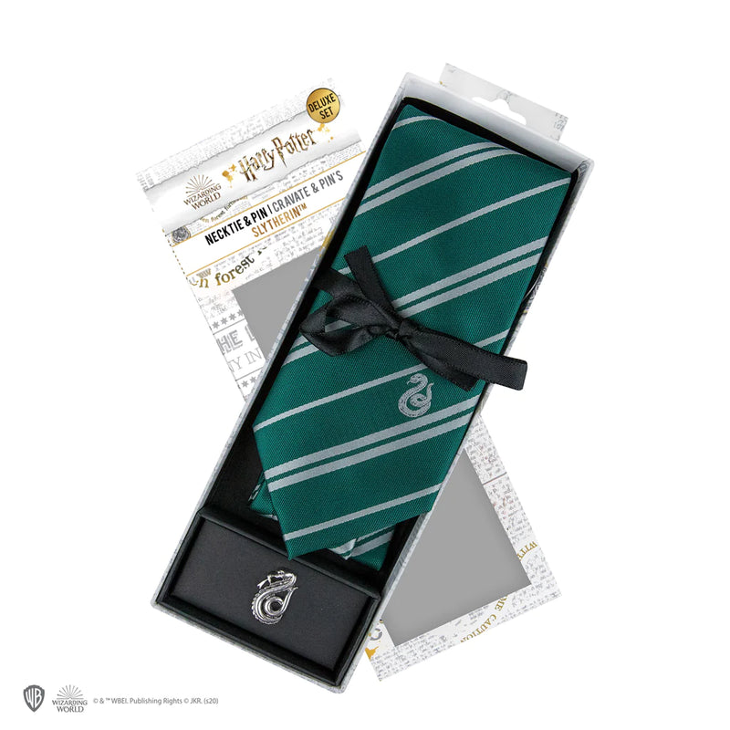 Harry Potter Slytherin Deluxe Tie with Pin and Gift Box, in display