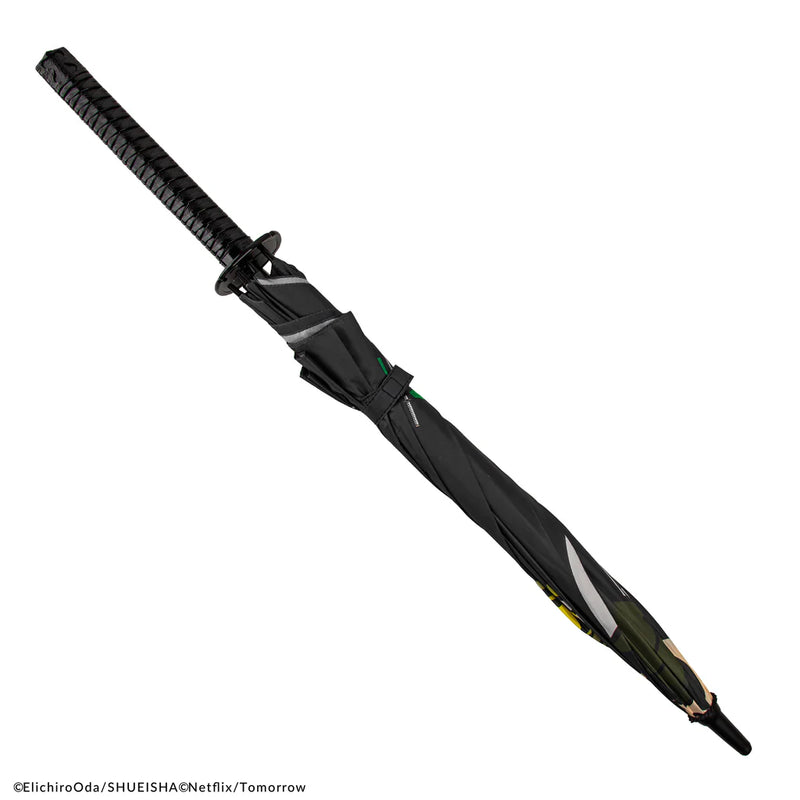 One Piece Roronoa Zoro Black Sword Umbrella, in display
