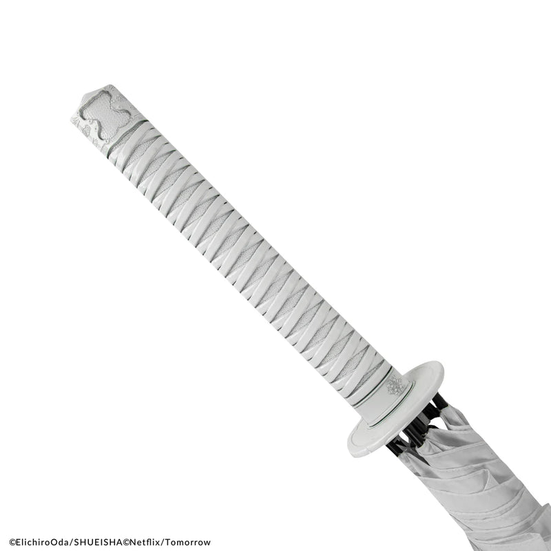 One Piece Roronoa Zoro White Sword Umbrella, in display