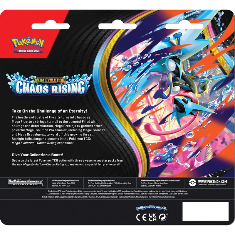 Pokémon TCG Mega Evolution Chaos Rising 3-Pack Blister, side angle