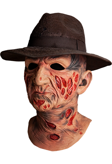 A Nightmare on Elm Street Deluxe Freddy Krueger Mask with Fedora Hat close up detail